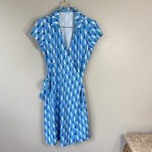 J.Mclaughlin Collared Short Sleeve Blue Green Print Wrap Dress Catalina Cloth S